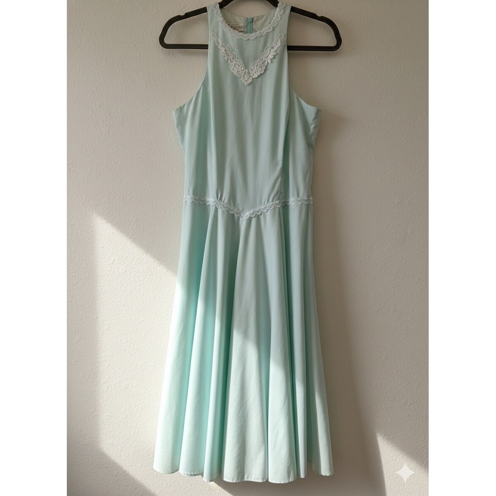 Vintage 80s Gunne Sax Mint Green Lace Halter Dress - Size 9 (Fits XS/S